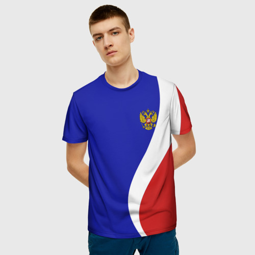 Мужская 3D футболка с принтом Герб РФ Триколор, фото на моделе #1