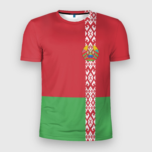Мужская футболка 3D Slim с принтом Белоруссия, лента с гербом, вид спереди #2