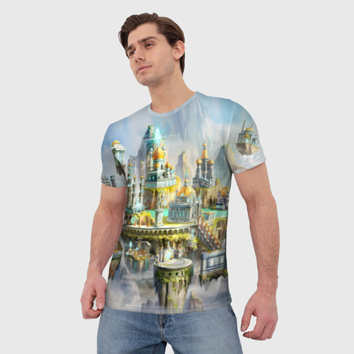 Мужская футболка 3D с принтом Город в небе, фото на моделе #1
