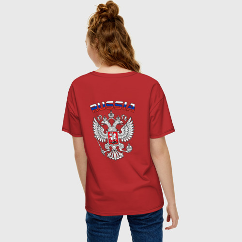 Женская футболка хлопок Oversize с принтом Russia герб двусторонняя, вид сзади #2