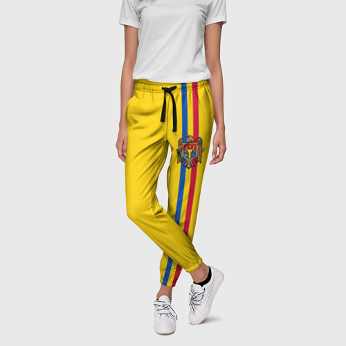 Женские брюки 3D с принтом Молдавия, лента с гербом, фото на моделе #1