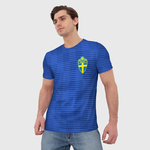 Мужская футболка 3D с принтом Швеция гостевая форма ЧМ 2018, фото на моделе #1