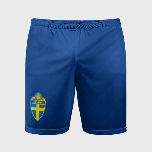 Мужские шорты спортивные с принтом Швеция домашняя форма ЧМ 2018, вид спереди #2