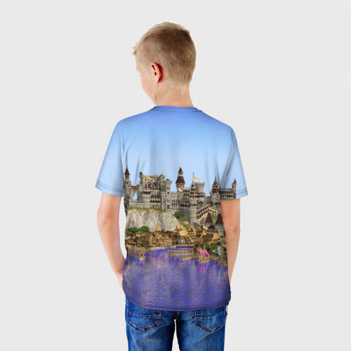 Детская футболка 3D с принтом Корабль и замок в манкрафт, вид сзади #2