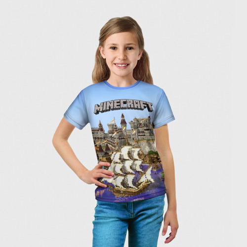Детская футболка 3D с принтом Корабль и замок в манкрафт, вид сбоку #3