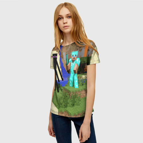 Женская футболка 3D с принтом Стив и Эндермен, фото на моделе #1