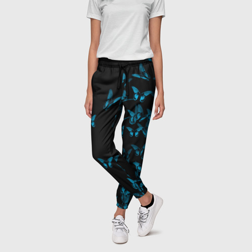 Женские брюки 3D с принтом Синие бабочки, фото на моделе #1