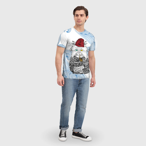 Мужская 3D футболка с принтом Кот Моряк, вид сбоку #3