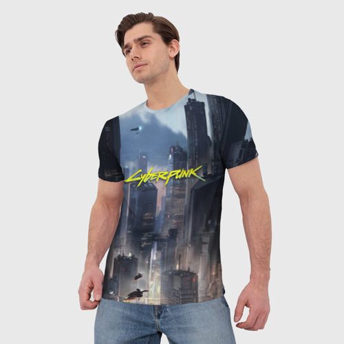 Мужская футболка 3D с принтом Cyberpunk 2077 city, фото на моделе #1