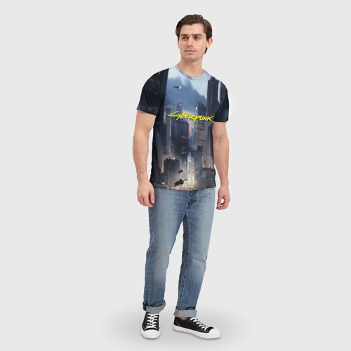 Мужская футболка 3D с принтом Cyberpunk 2077 city, вид сбоку #3