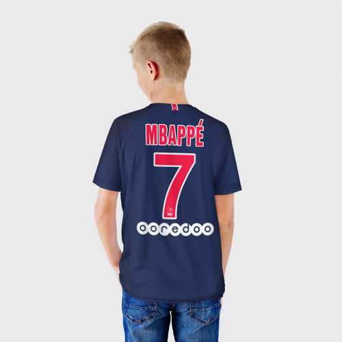 Детская футболка 3D с принтом Mbappe home 18-19, вид сзади #2