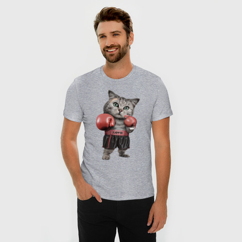 Мужская футболка хлопок Slim с принтом Кот боксёр, фото на моделе #1
