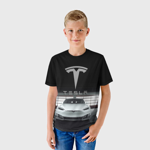 Детская футболка 3D с принтом Tesla, фото на моделе #1