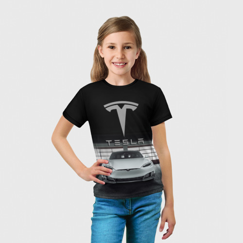 Детская футболка 3D с принтом Tesla, вид сбоку #3