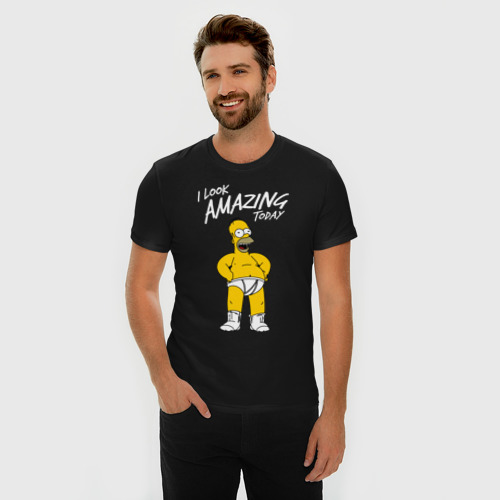 Мужская футболка хлопок Slim с принтом Гомер Симпсон, фото на моделе #1