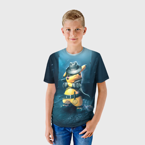 Детская футболка 3D с принтом Пикачу Холмс, фото на моделе #1