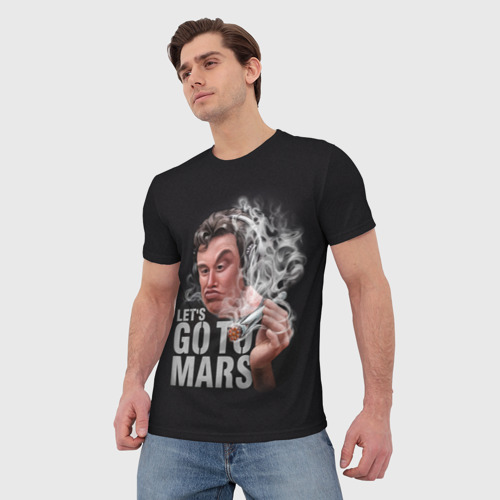 Мужская футболка 3D с принтом Илон Маск с дымящей ракетой Falcon в руке - Let's go to Mars, фото на моделе #1