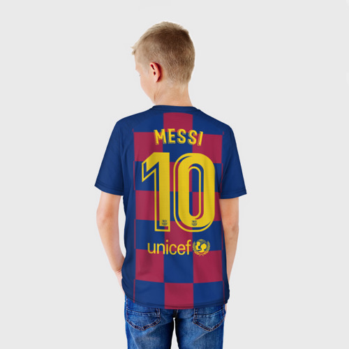 Детская футболка 3D с принтом Messi home 19-20 season, вид сзади #2