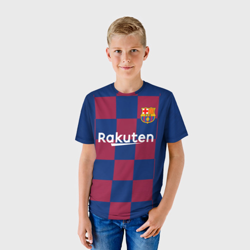 Детская футболка 3D с принтом Messi home 19-20 season, фото на моделе #1