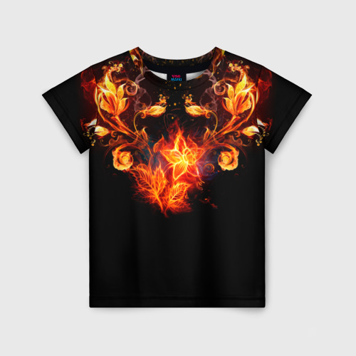 Детская футболка 3D с принтом Огненные цветы в темноте, вид спереди #2