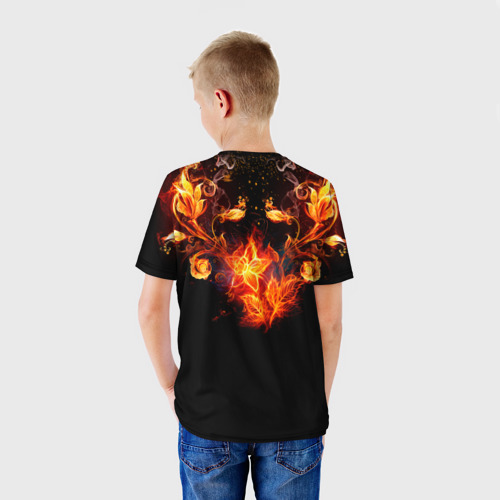 Детская футболка 3D с принтом Огненные цветы в темноте, вид сзади #2