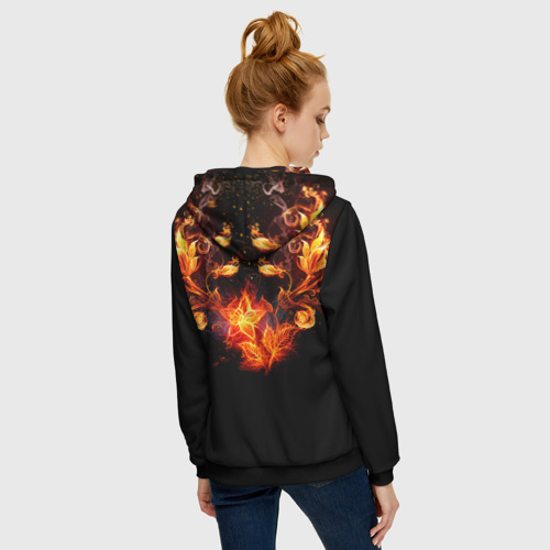Женская толстовка 3D на молнии с принтом Огненные цветы в темноте, вид сзади #2