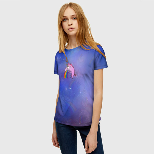 Женская футболка 3D с принтом Единорог, блюющий радугой, фото на моделе #1