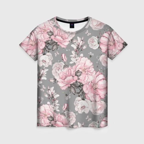 Женская 3D футболка с принтом Розовые розы, вид спереди #2