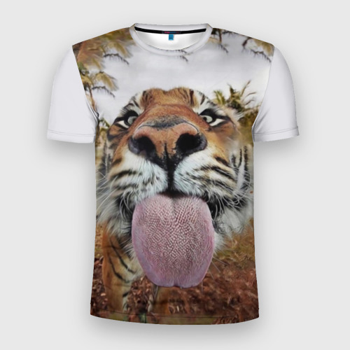Мужская футболка 3D Slim с принтом Тигр показывает язык, вид спереди #2