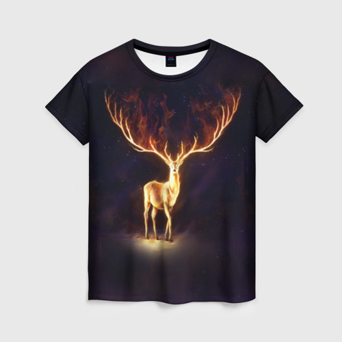 Женская футболка 3D с принтом Огненный олень, вид спереди #2