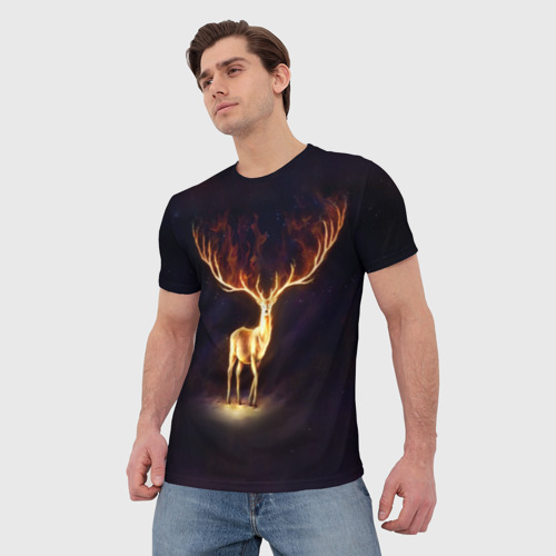 Мужская футболка 3D с принтом Огненный олень, фото на моделе #1