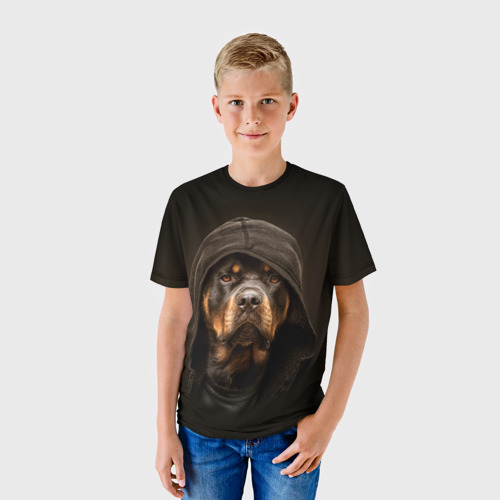 Детская футболка 3D с принтом Ротвейлер в капюшоне, фото на моделе #1