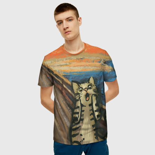 Мужская 3D футболка с принтом Крик котика, фото на моделе #1