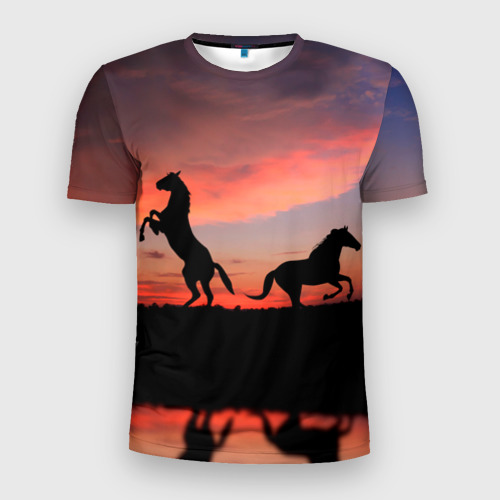Мужская футболка 3D Slim с принтом Кони на закате, вид спереди #2