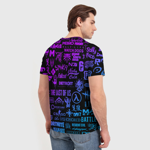 Мужская 3D футболка с принтом ЛОГОТИПЫ ИГР НЕОН / NEON GAME LOGO, вид сзади #2