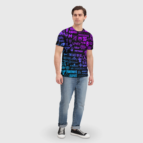 Мужская 3D футболка с принтом ЛОГОТИПЫ ИГР НЕОН / NEON GAME LOGO, вид сбоку #3