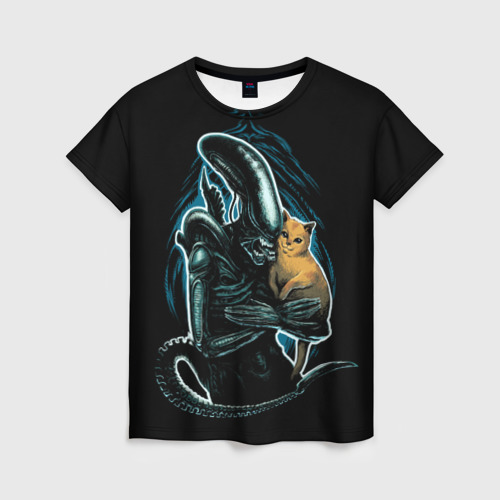Женская футболка 3D с принтом Чужой и котик, вид спереди #2