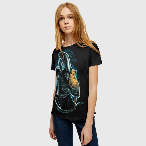 Женская футболка 3D с принтом Чужой и котик, фото на моделе #1