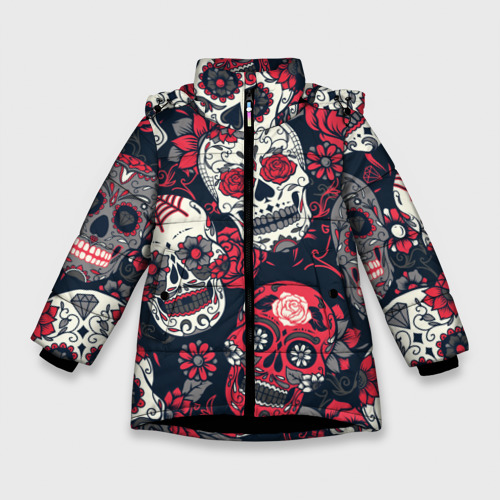 Зимняя куртка для девочек 3D с принтом Мексиканские черепа в день мертвых, вид спереди #2