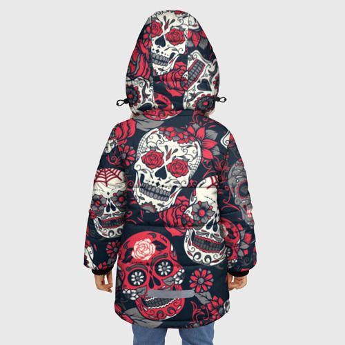 Зимняя куртка для девочек 3D с принтом Мексиканские черепа в день мертвых, вид сзади #2