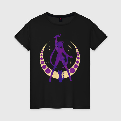 Женская футболка хлопок с принтом Сейлор Мун и Луна, вид спереди #2