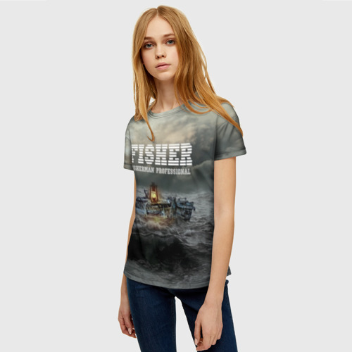 Женская футболка 3D с принтом Профессиональный рыбак, фото на моделе #1