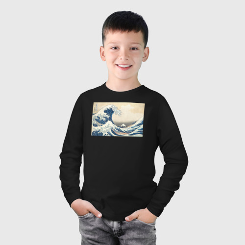 Детский лонгслив хлопок с принтом Большая волна, фото на моделе #1