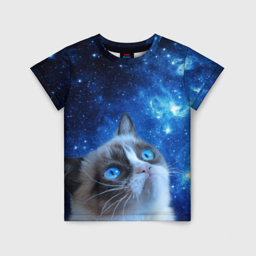 Детская футболка 3D с принтом Сердитый кот в космосе, вид спереди #2