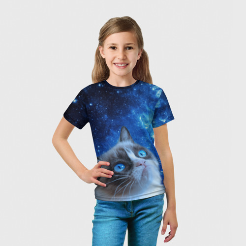Детская футболка 3D с принтом Сердитый кот в космосе, вид сбоку #3