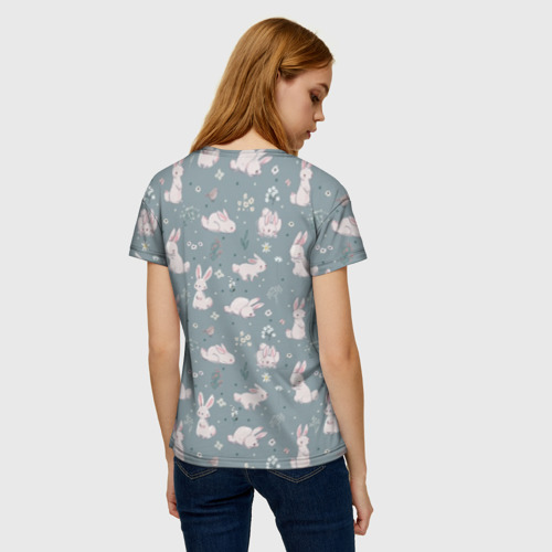 Женская футболка 3D с принтом Зайцы на лужайке, вид сзади #2