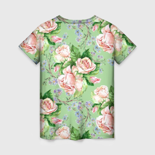 Женская футболка 3D с принтом Розы и васильки, вид сзади #1