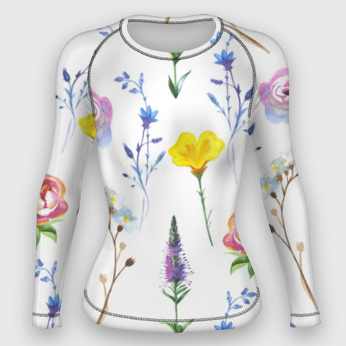 Женский рашгард 3D с принтом Полевые цветы, вид спереди #2