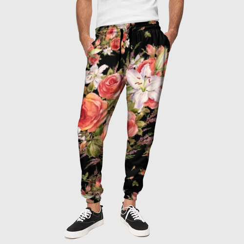 Мужские брюки 3D с принтом Лилии и розы на черном, вид сбоку #3