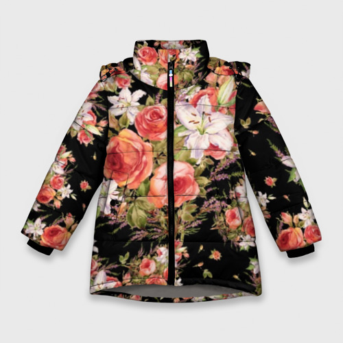Зимняя куртка для девочек 3D с принтом Лилии и розы на черном, вид спереди #2